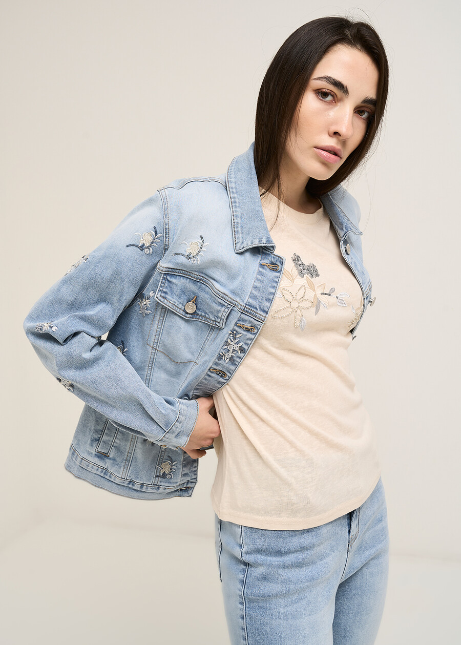 Grey denim jacket applications DENIM MEDIUM DENIM Woman , image number 1