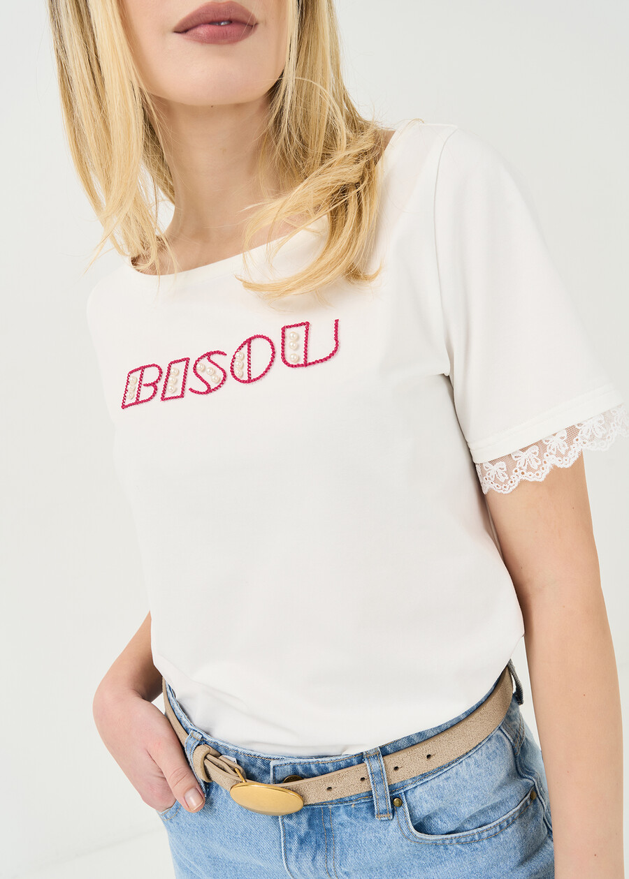 Summer T-shirt with lace and beads BIANCO WHITE Woman , image number 2