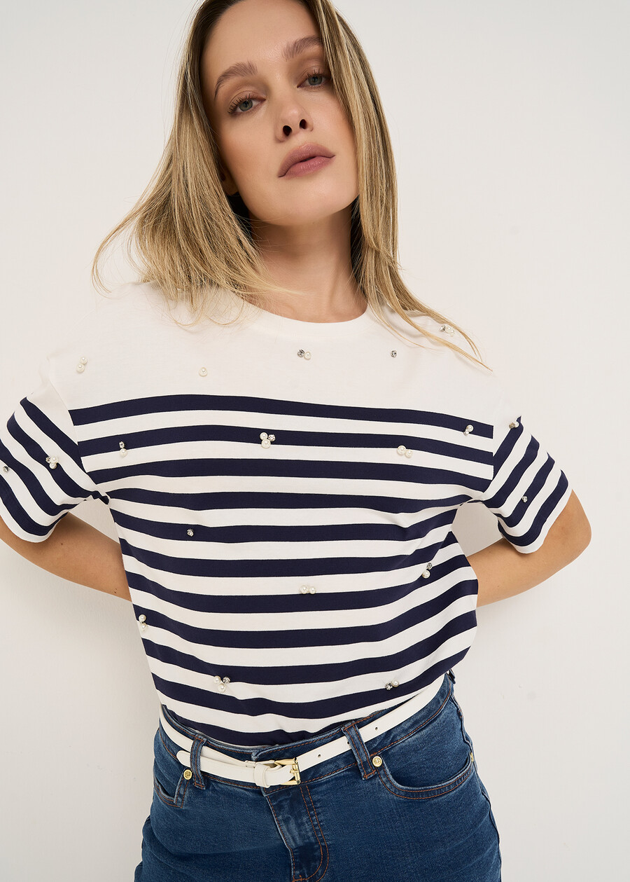 Sely T-shirt with pearls and strass BIANCO WHITE Woman , image number 1