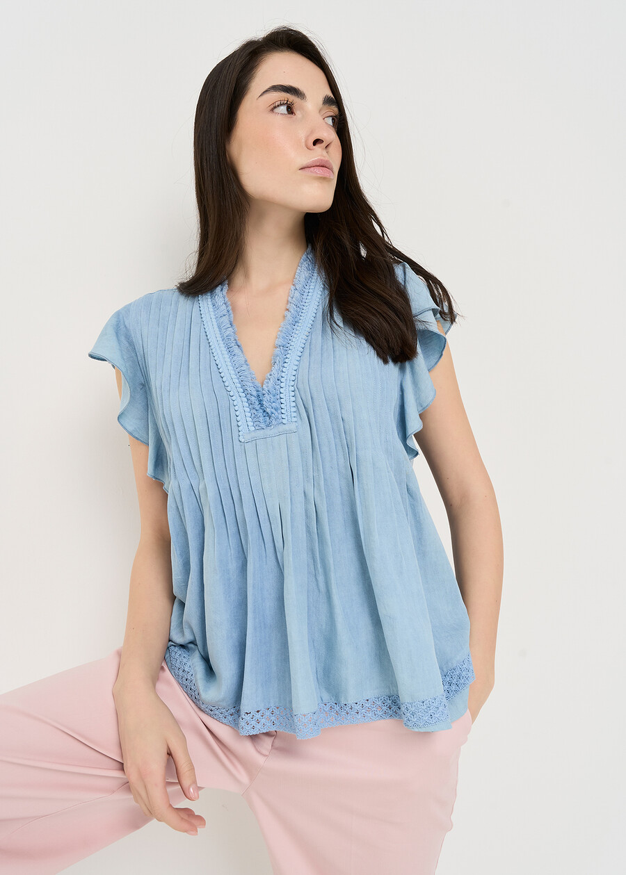 Tailer viscose and lace top DENIM MEDIUM DENIM Woman , image number 1