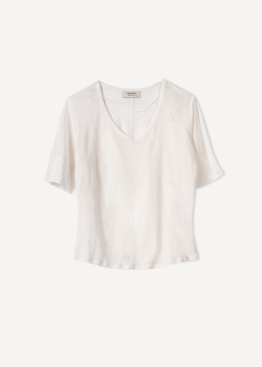 Skyper linen V-neck T-shirt BEIGEMARRONEBIANCO WHITE Woman , image number 5