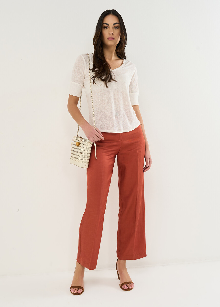 Skyper linen V-neck T-shirt BEIGEMARRONEBIANCO WHITE Woman , image number 4
