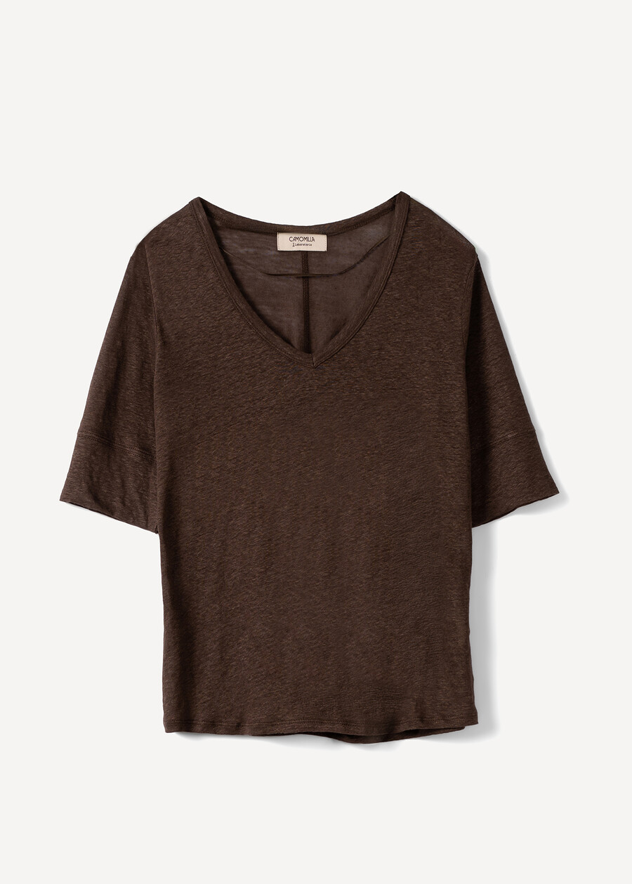 Skyper linen V-neck T-shirt BEIGEMARRONEBIANCO WHITE Woman , image number 4