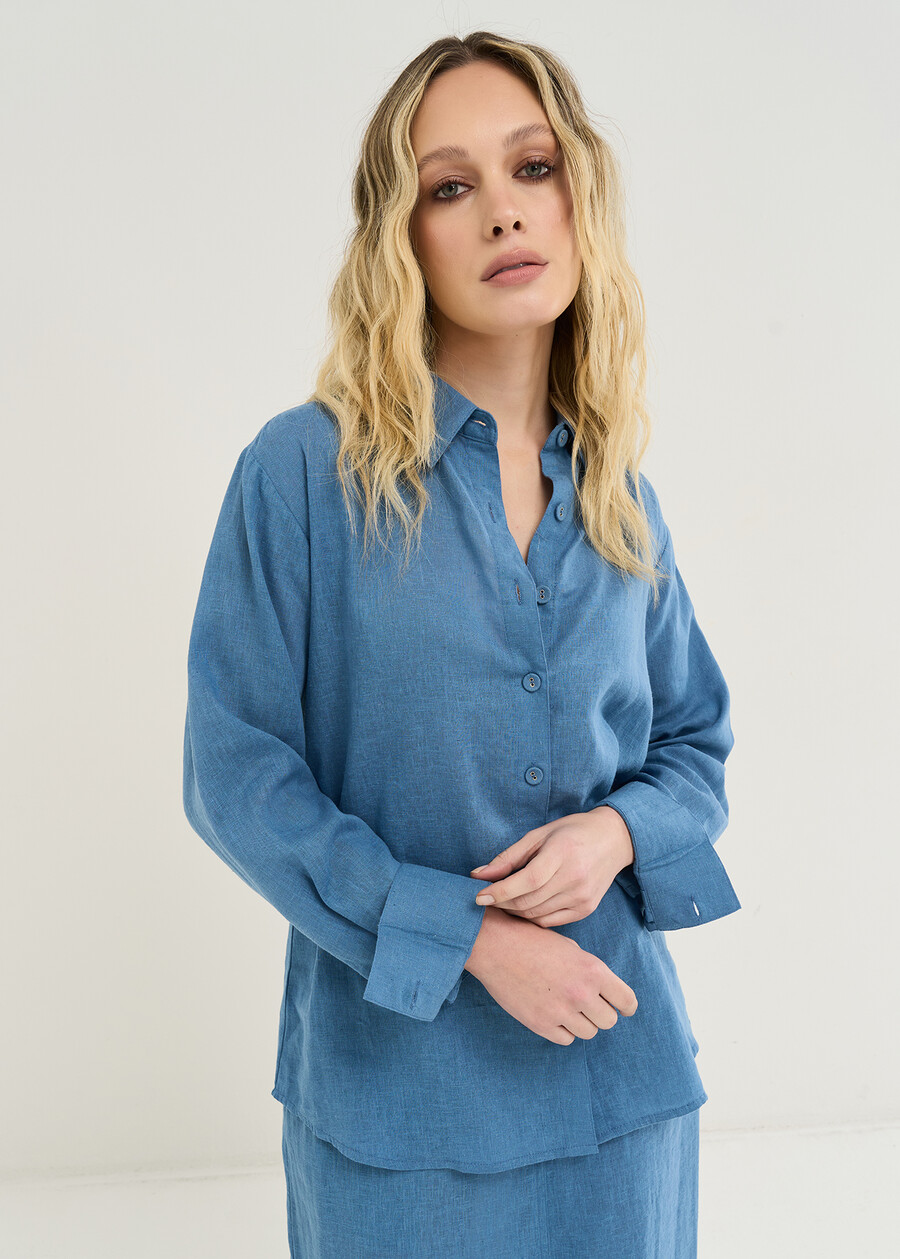 Clizia long linen shirt BIANCO WHITEBLU AVION Woman , image number 1