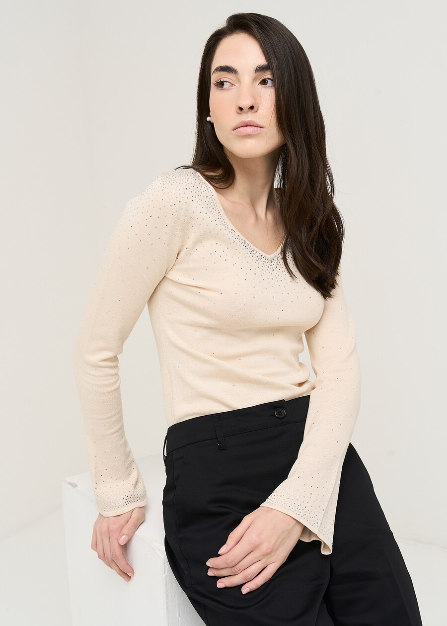 Mum V-neck knit with strass BEIGE Woman , image number 2
