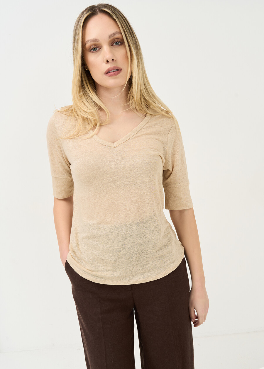 Skyper linen V-neck T-shirt BEIGEMARRONEBIANCO WHITE Woman , image number 1