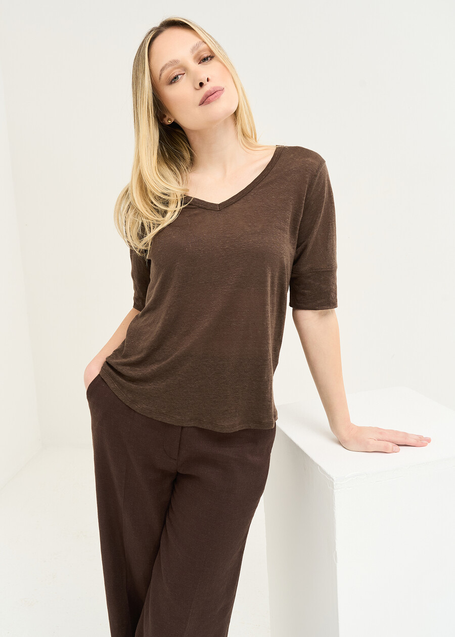 Skyper linen V-neck T-shirt BEIGEMARRONEBIANCO WHITE Woman , image number 1