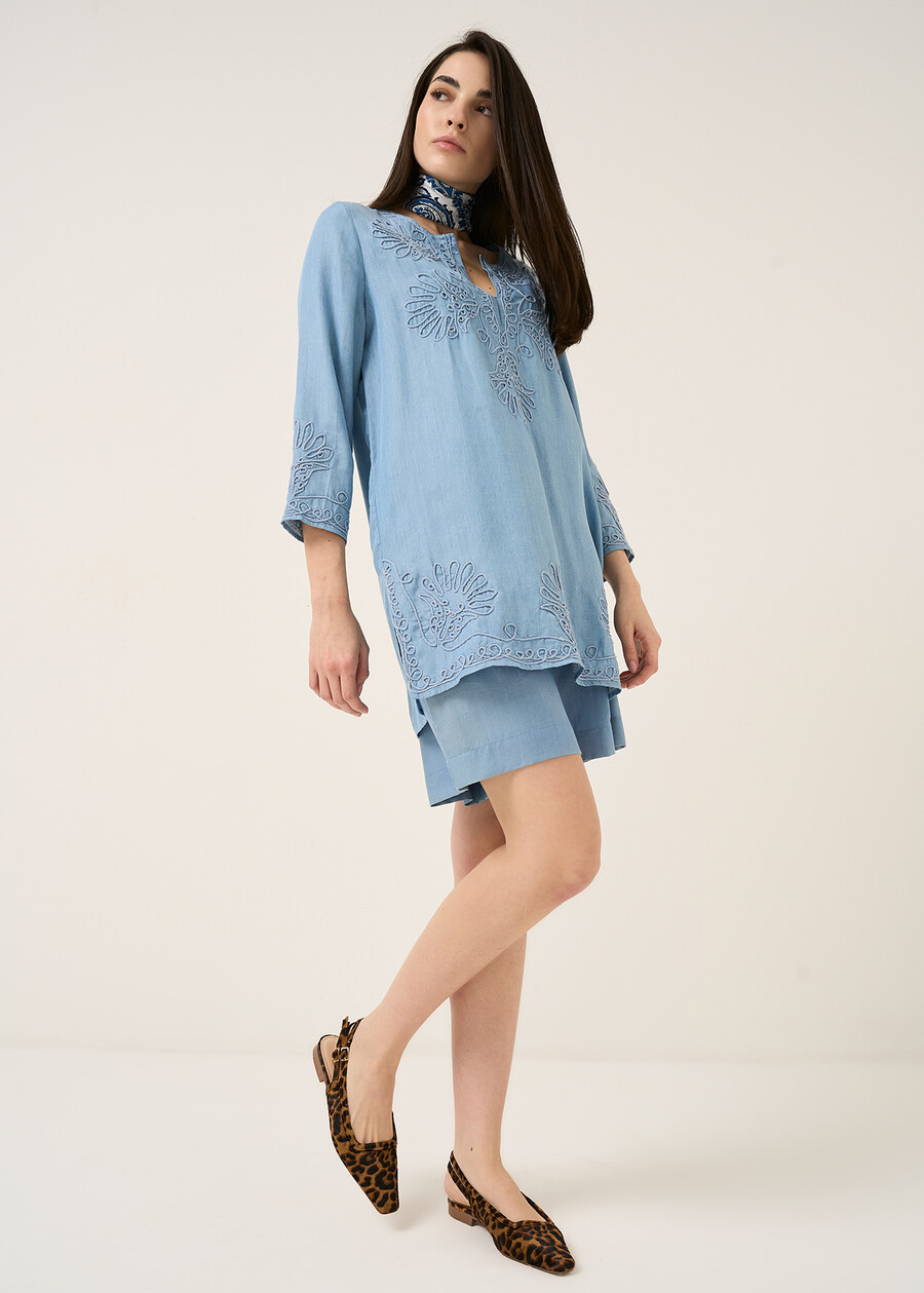 Boxy viscose bermuda with belt DENIM MEDIUM DENIM Woman , image number 1