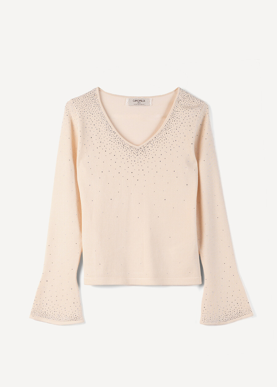 Mum V-neck knit with strass BEIGE Woman , image number 5