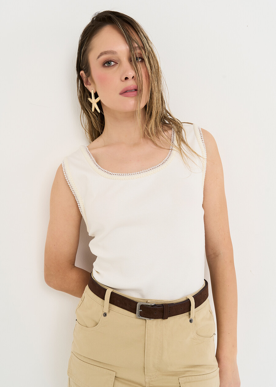 Tommy ribbed tank with trim BEIGE LATTE Woman , image number 1