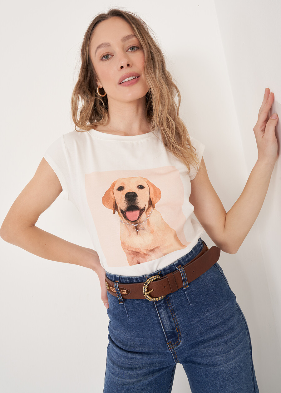 T-Shirt Silla &ldquo;Wear Love&rdquo; in Cotton with Dog Print BEIGE LATTE Woman , image number 1